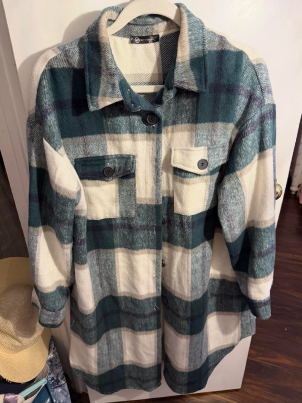 PRETTYGARDEN Green Cream Plaid Oversized Shacket Jacket L